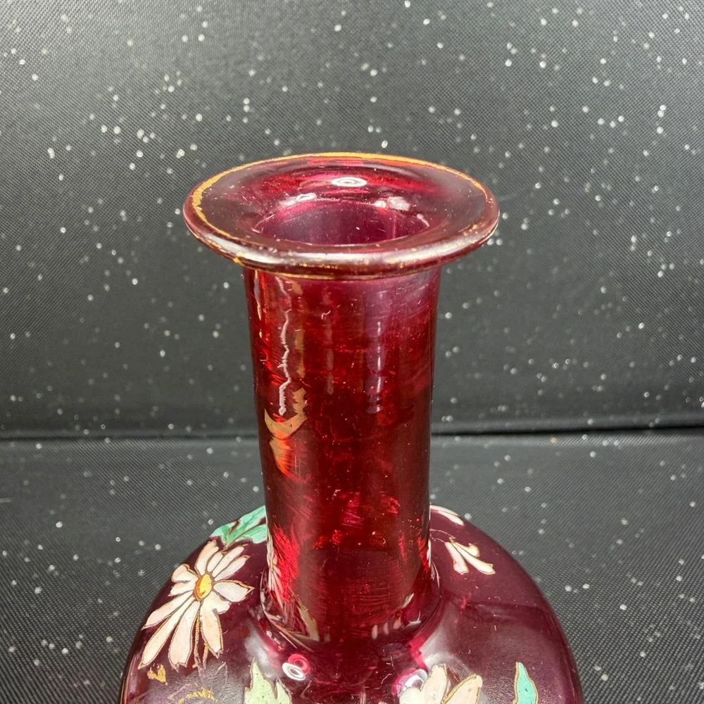 Antique Cranberry Glass Bud Vase Hand Painted Enamel Daisy Ruby Red 6.5inch